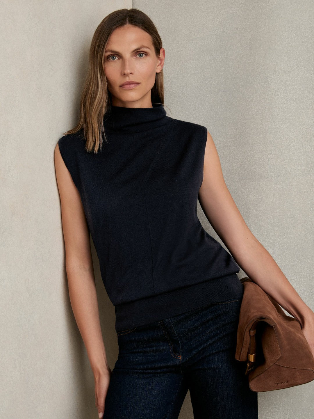 Wool Slouched Sleeveless Top in Navy | Reiss Women Best Seller