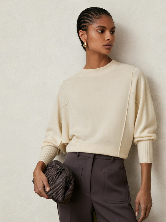 Wool-Blend Reverse-Seam Batwing Jumper With Cashmere in Cream | Reiss Women Premium