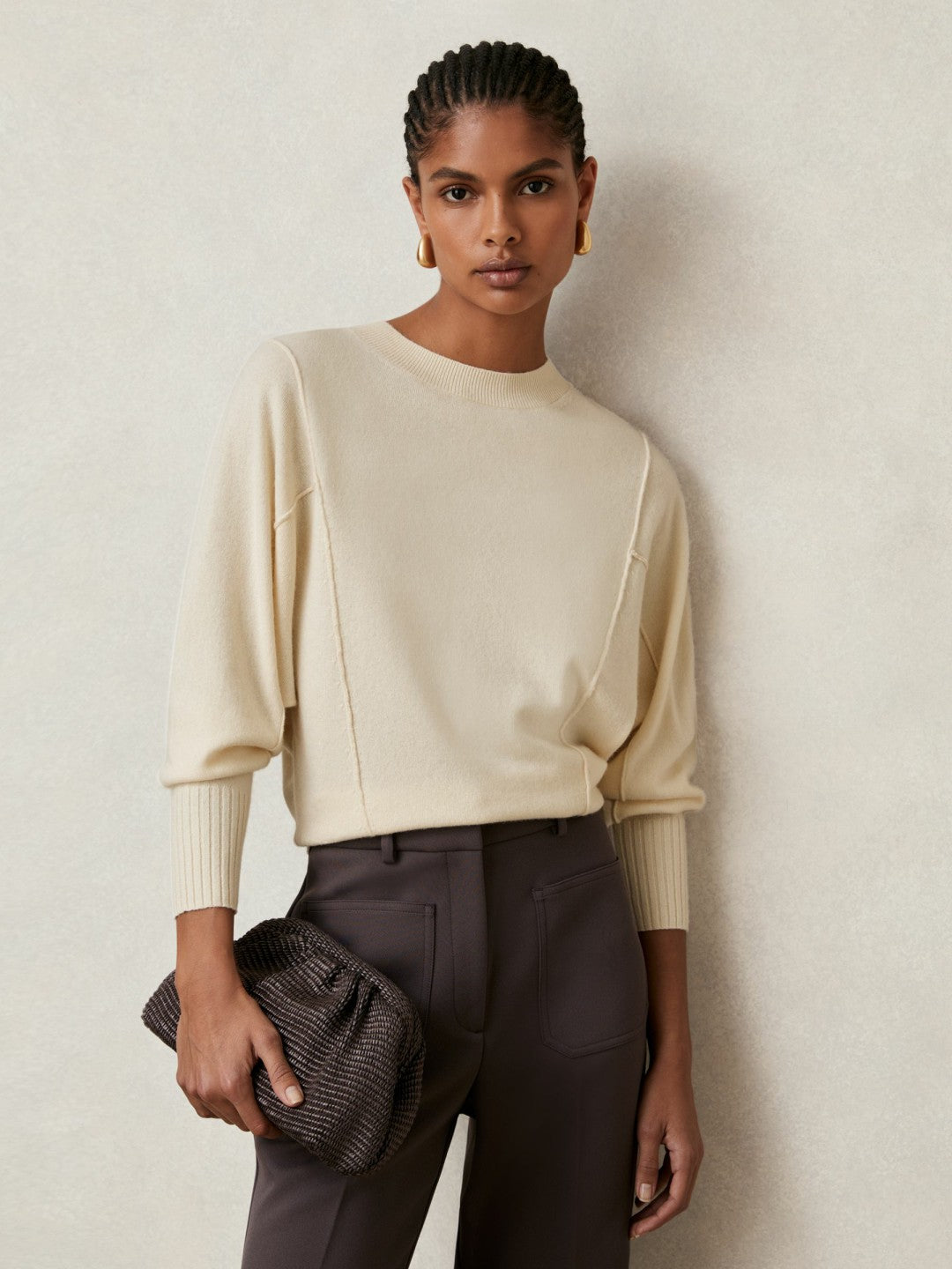 Wool-Blend Reverse-Seam Batwing Jumper With Cashmere in Cream | Reiss Women Premium