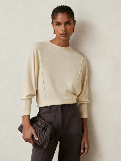 Wool-Blend Reverse-Seam Batwing Jumper With Cashmere in Cream | Reiss Women Premium