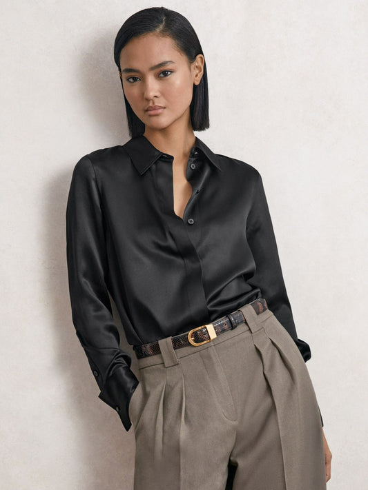 Silk-Satin Concealed-Placket Shirt in Black | Reiss Women Best Seller