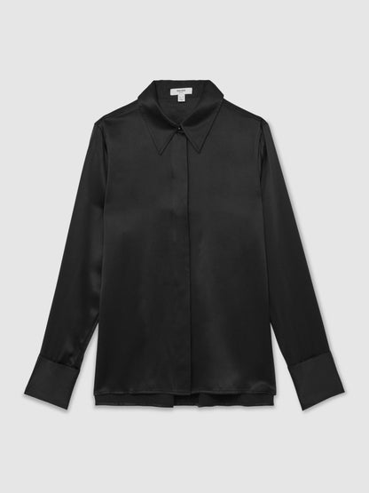 Silk-Satin Concealed-Placket Shirt in Black | Reiss Women Best Seller