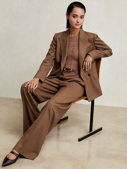 Petite Wool-Blend Wide-Leg Suit Trousers in Tan | Reiss Women Trending