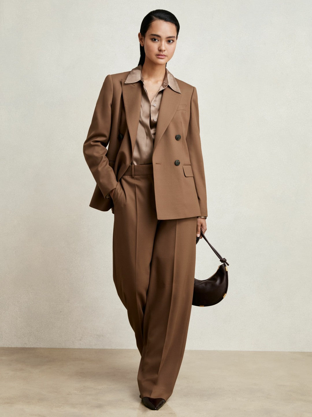 Petite Wool-Blend Wide-Leg Suit Trousers in Tan | Reiss Women Trending