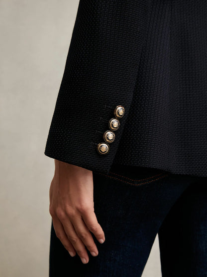 Single-Breasted Textured Blazer Wool-Blend in Navy | Reiss Women New
