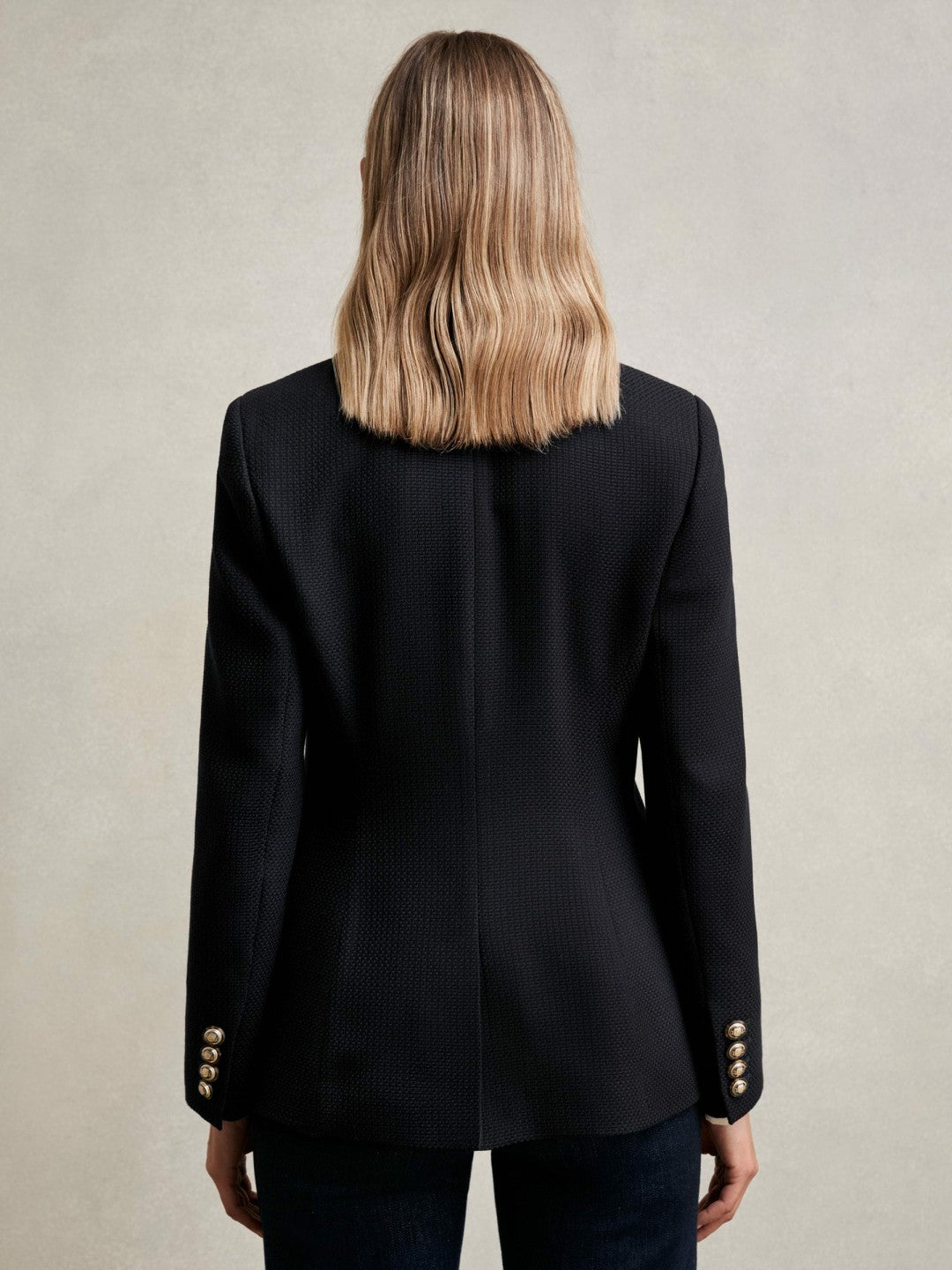 Single-Breasted Textured Blazer Wool-Blend in Navy | Reiss Women New