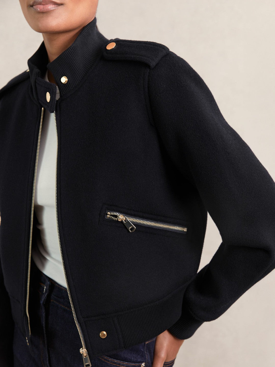 Brushed Wool Epaulette Bomber Jacket in Navy | Reiss Women Premium