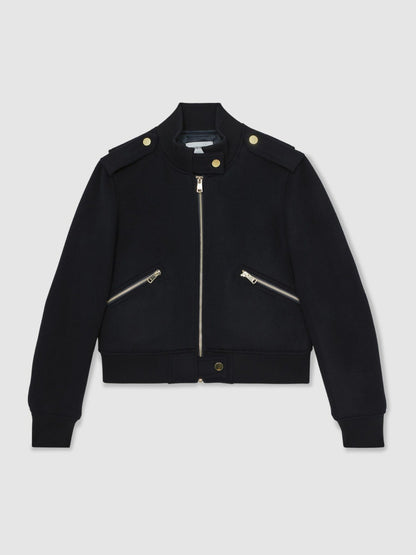 Brushed Wool Epaulette Bomber Jacket in Navy | Reiss Women Premium