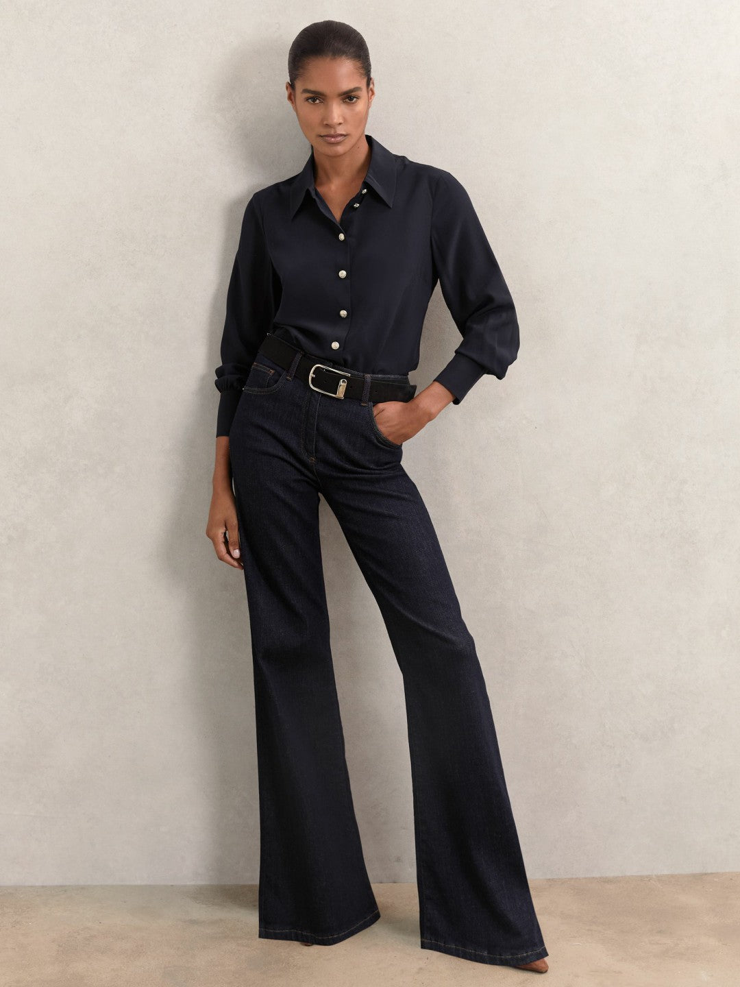 Silk Embossed-Button Shirt in Navy | Reiss Women Trending