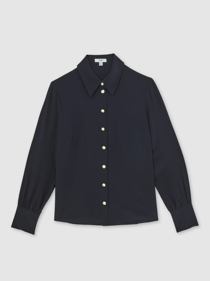Silk Embossed-Button Shirt in Navy | Reiss Women Trending