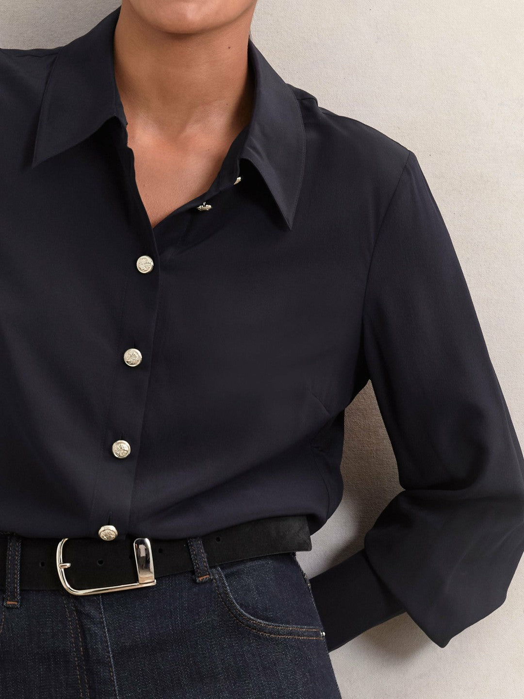 Silk Embossed-Button Shirt in Navy | Reiss Women Trending