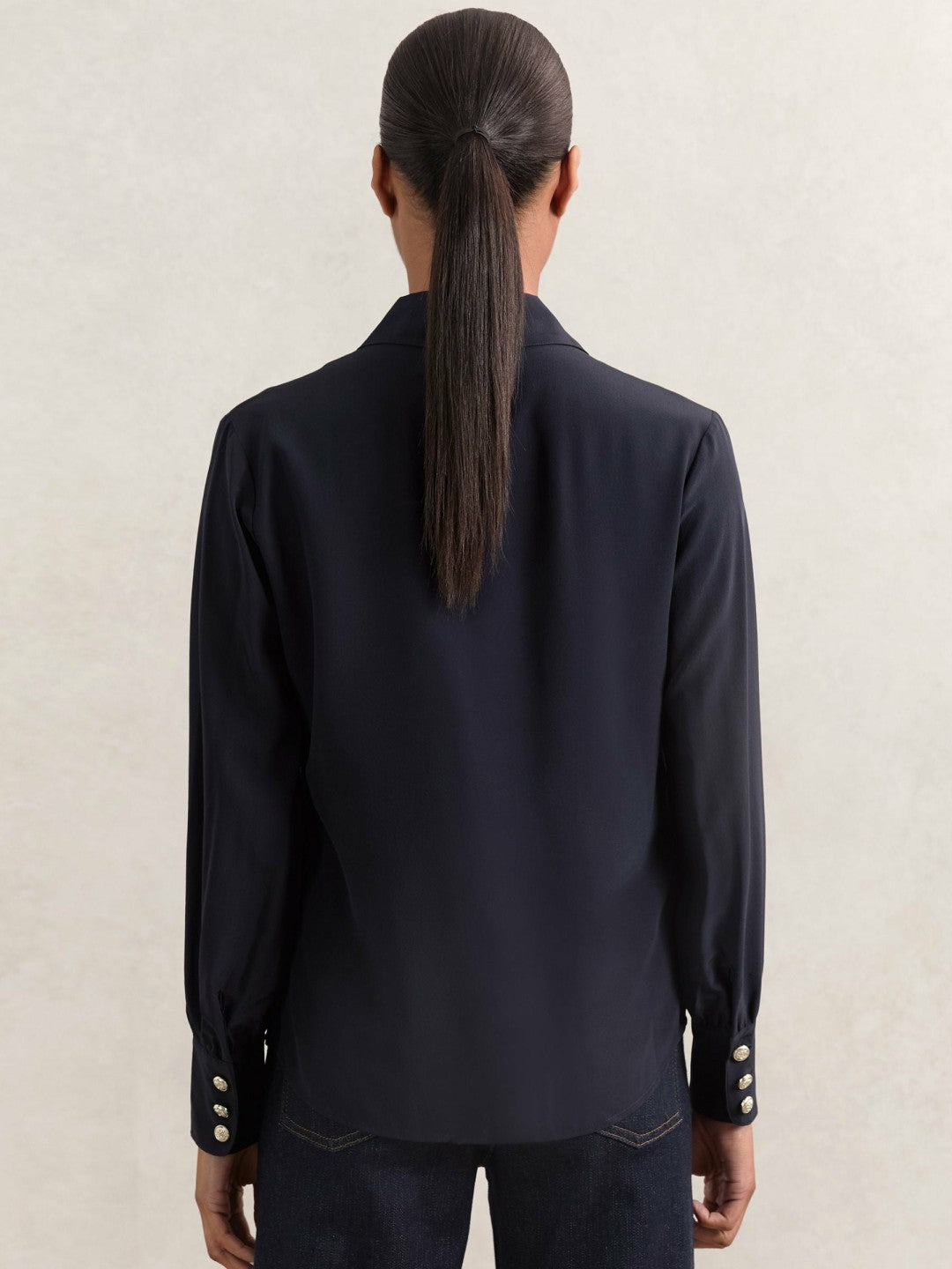 Silk Embossed-Button Shirt in Navy | Reiss Women Trending