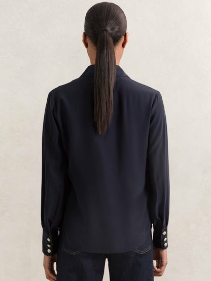 Silk Embossed-Button Shirt in Navy | Reiss Women Trending