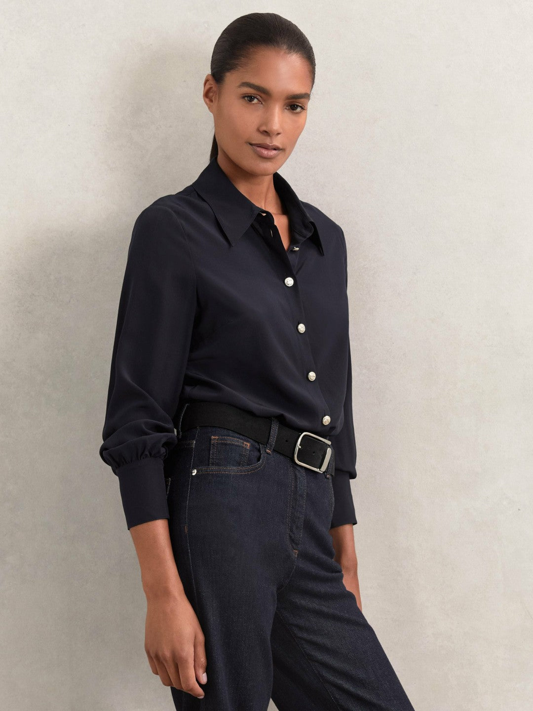 Silk Embossed-Button Shirt in Navy | Reiss Women Trending