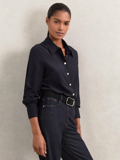 Silk Embossed-Button Shirt in Navy | Reiss Women Trending