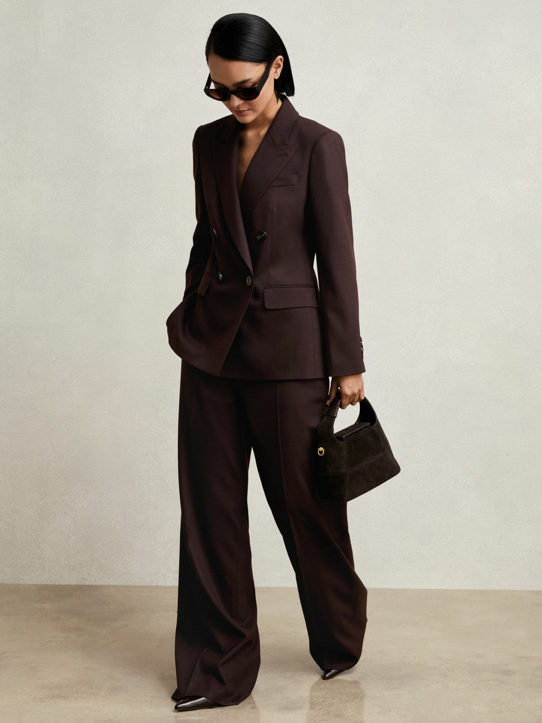 Wool-Blend Wide-Leg Suit Trousers in Aubergine | Reiss Women Trending