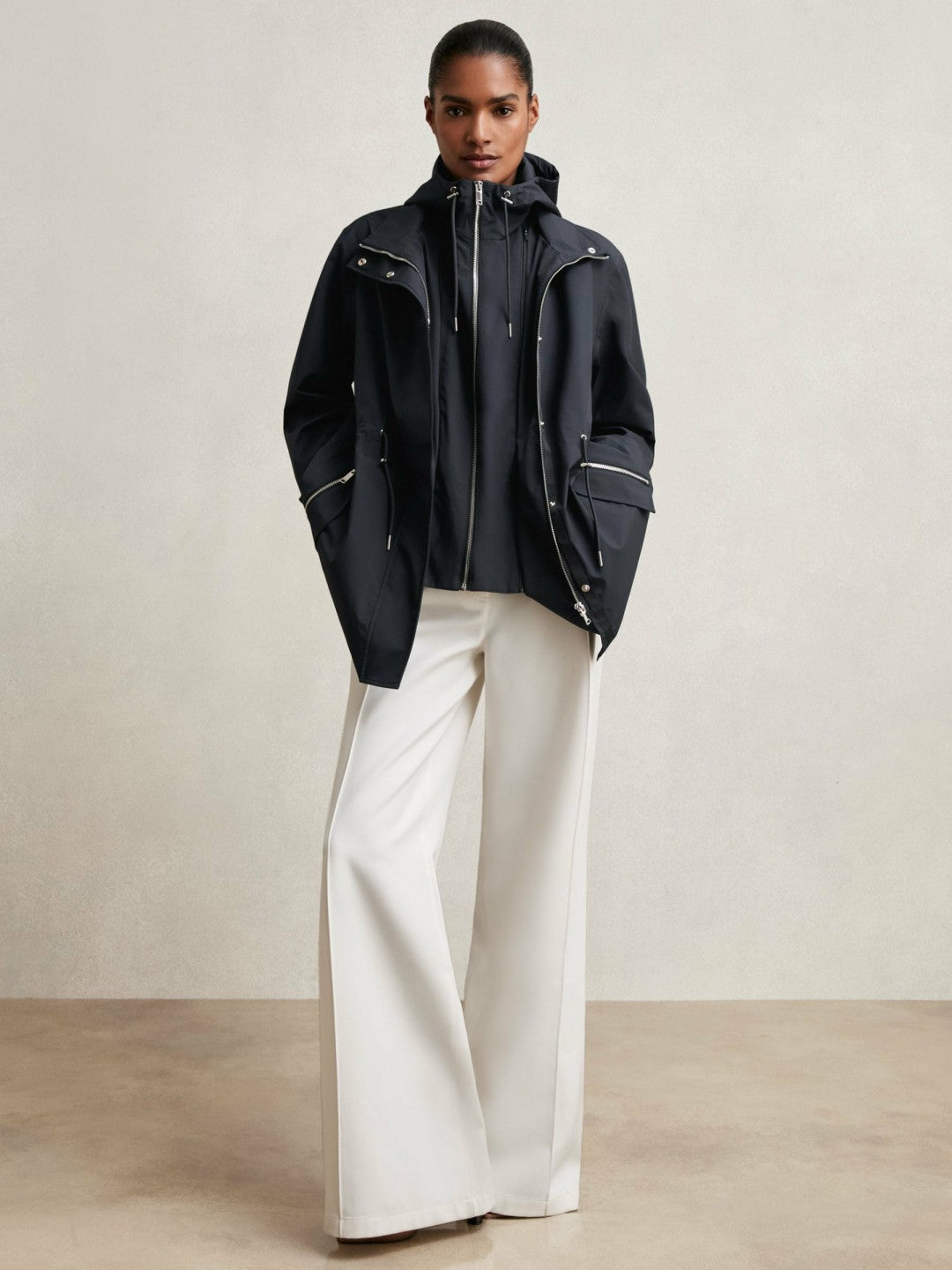 Removable-Hood Rain Coat in Navy | Reiss Women Signature