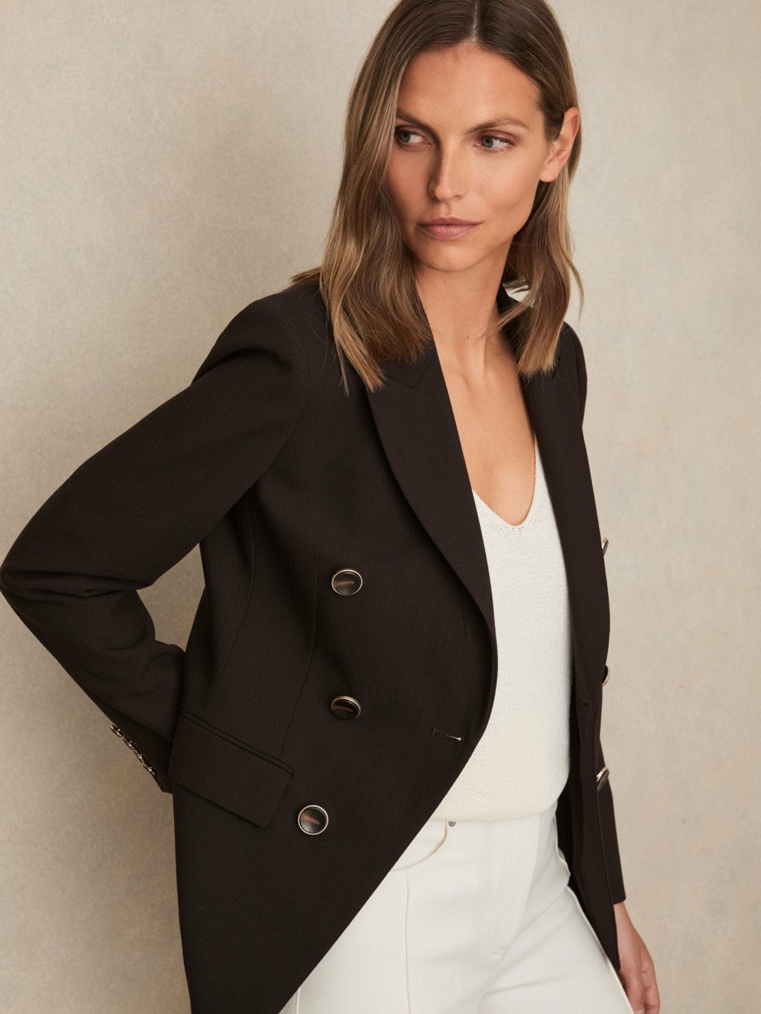 Petite Wool-Blend Double-Breasted Blazer in Chocolate Brown | Reiss Women New