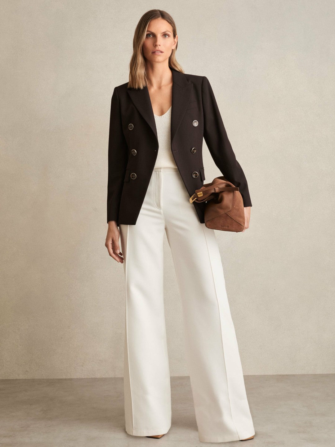 Petite Wool-Blend Double-Breasted Blazer in Chocolate Brown | Reiss Women New