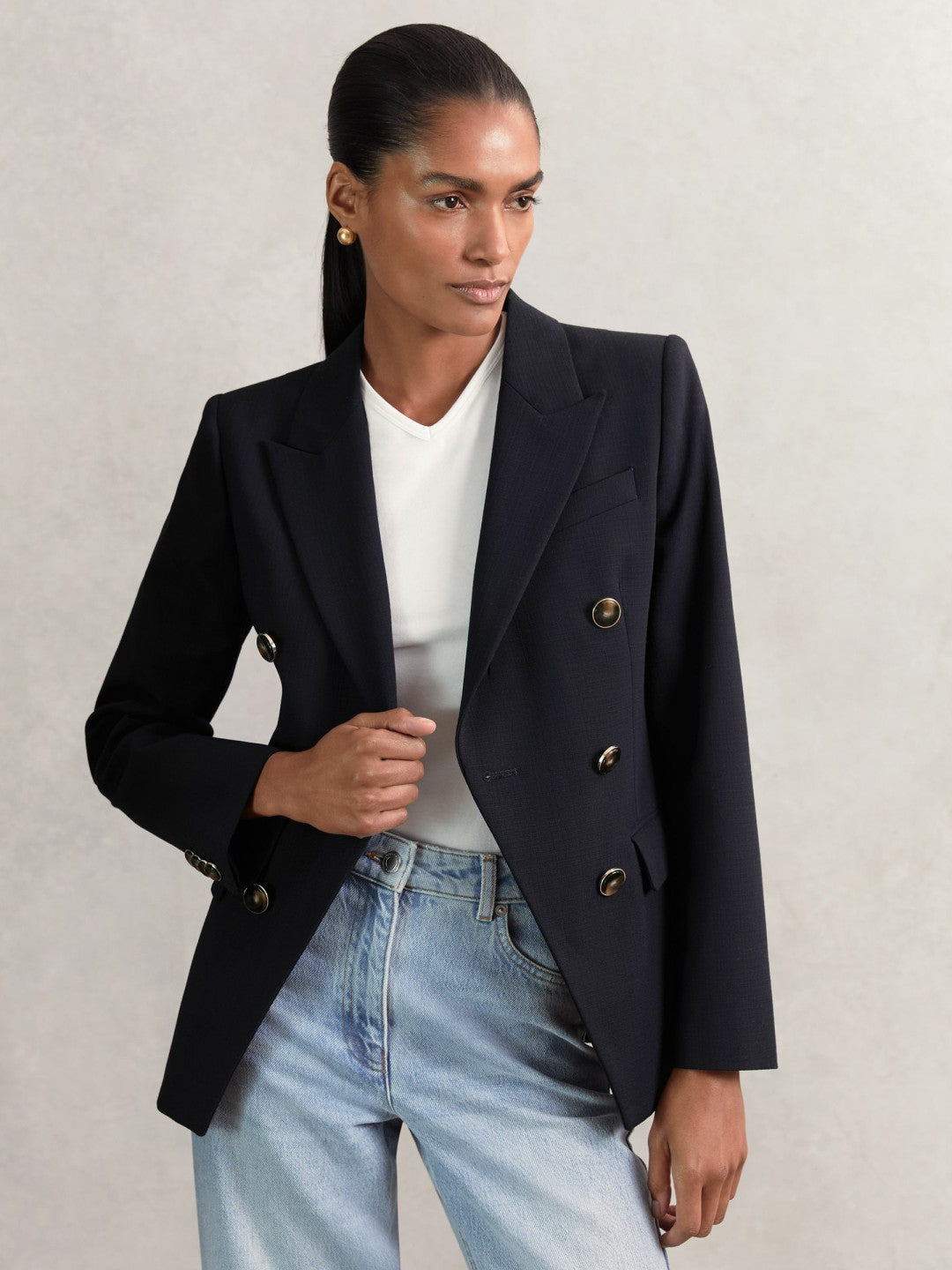 Wool-Blend Double-Breasted Blazer in Navy | Reiss Women Best Seller