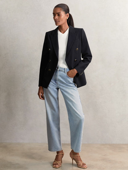 Wool-Blend Double-Breasted Blazer in Navy | Reiss Women Best Seller