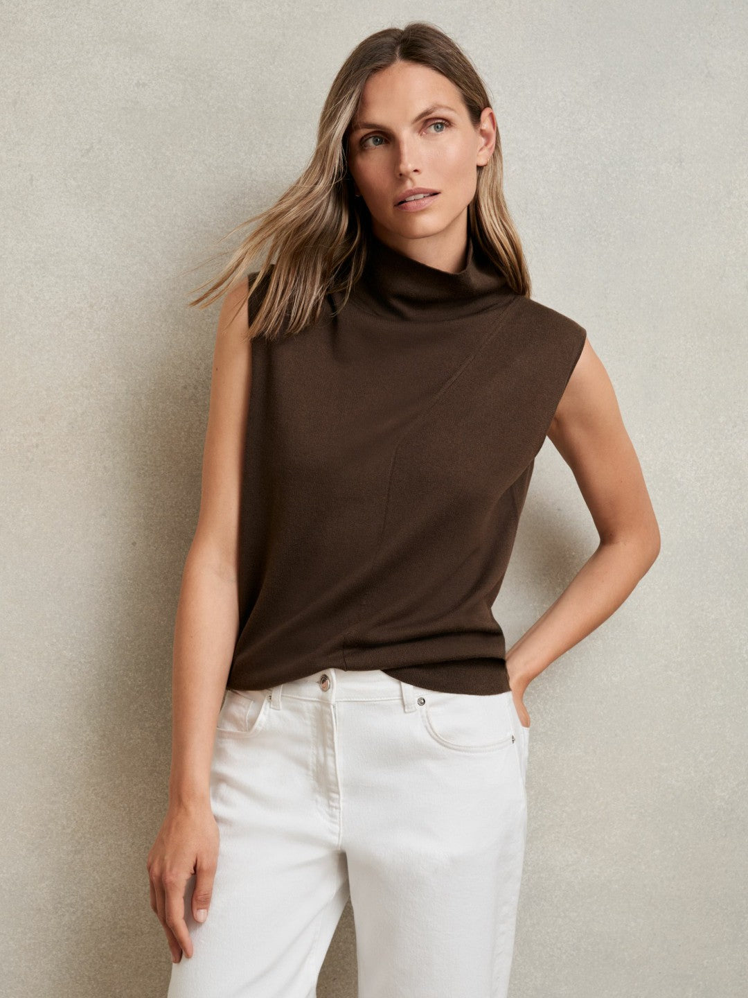 Wool Slouched Sleeveless Top in Chocolate | Reiss Women Featured