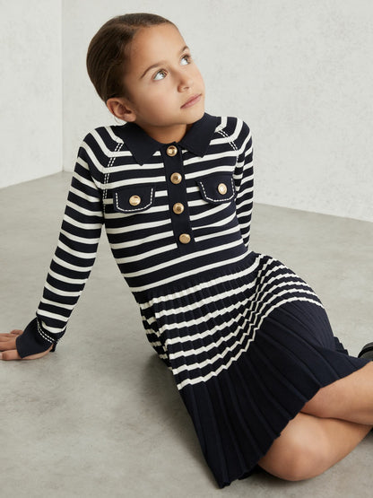 9-13 yrs Button-Detail Stripe Knitted Dress in Navy/White | Reiss Children & Baby Best Seller