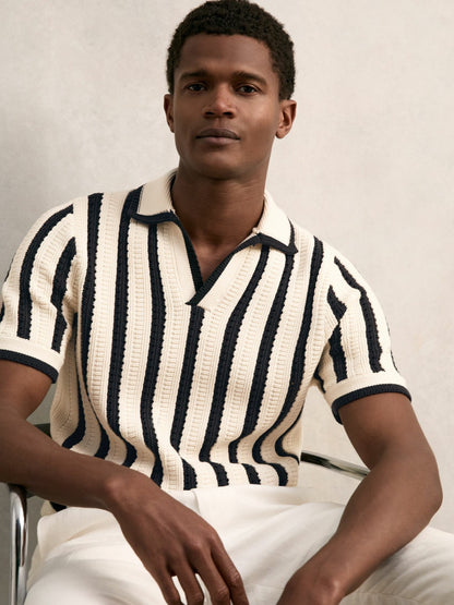 Cotton Blend Stripe Knit Polo Shirt in Off White/Navy | Reiss Men Signature