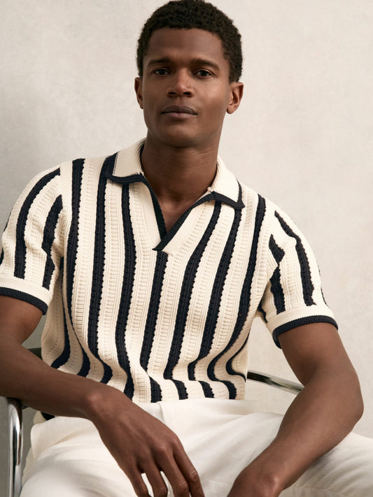 Cotton Blend Stripe Knit Polo Shirt in Off White/Navy | Reiss Men Signature