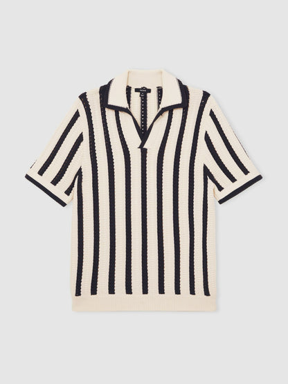 Cotton Blend Stripe Knit Polo Shirt in Off White/Navy | Reiss Men Signature
