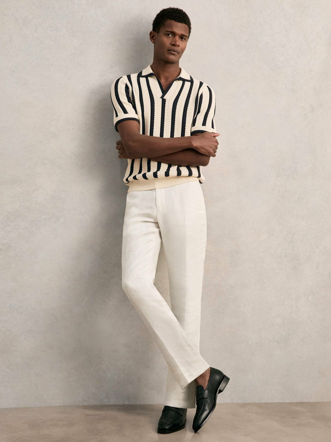 Cotton Blend Stripe Knit Polo Shirt in Off White/Navy | Reiss Men Signature