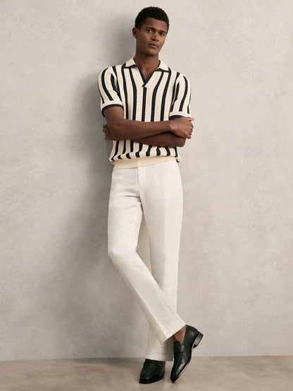 Cotton Blend Stripe Knit Polo Shirt in Off White/Navy | Reiss Men Signature