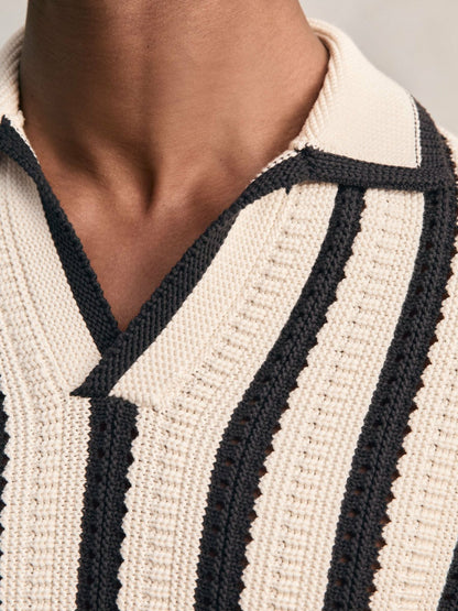 Cotton Blend Stripe Knit Polo Shirt in Off White/Navy | Reiss Men Signature