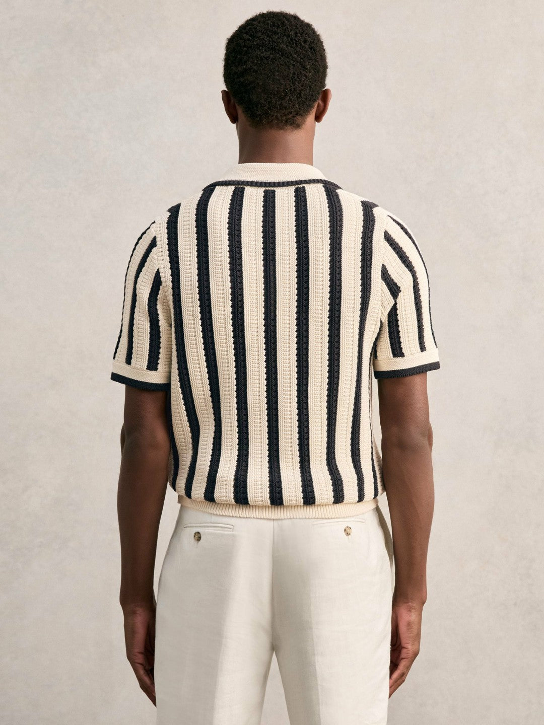 Cotton Blend Stripe Knit Polo Shirt in Off White/Navy | Reiss Men Signature