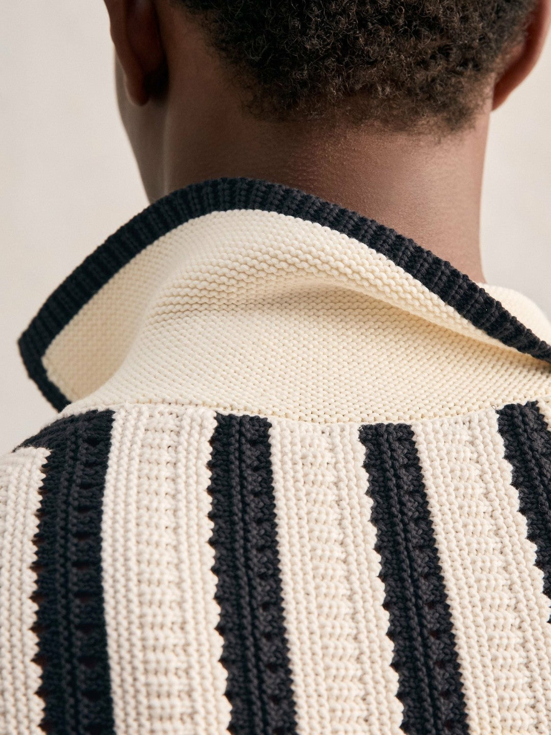 Cotton Blend Stripe Knit Polo Shirt in Off White/Navy | Reiss Men Signature