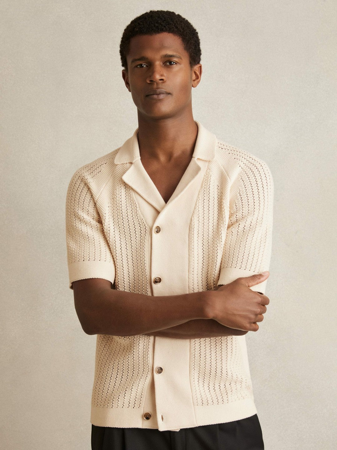 Cotton Textured-Knit Cuban-Collar Shirt in Light Stone | Reiss Men Premium