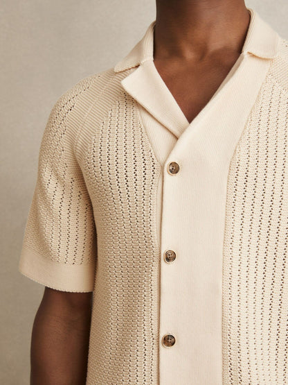 Cotton Textured-Knit Cuban-Collar Shirt in Light Stone | Reiss Men Premium