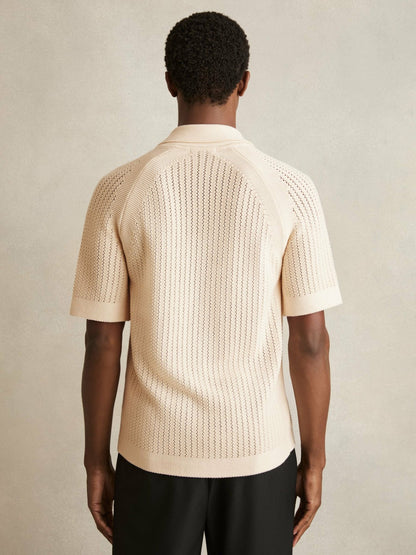 Cotton Textured-Knit Cuban-Collar Shirt in Light Stone | Reiss Men Premium