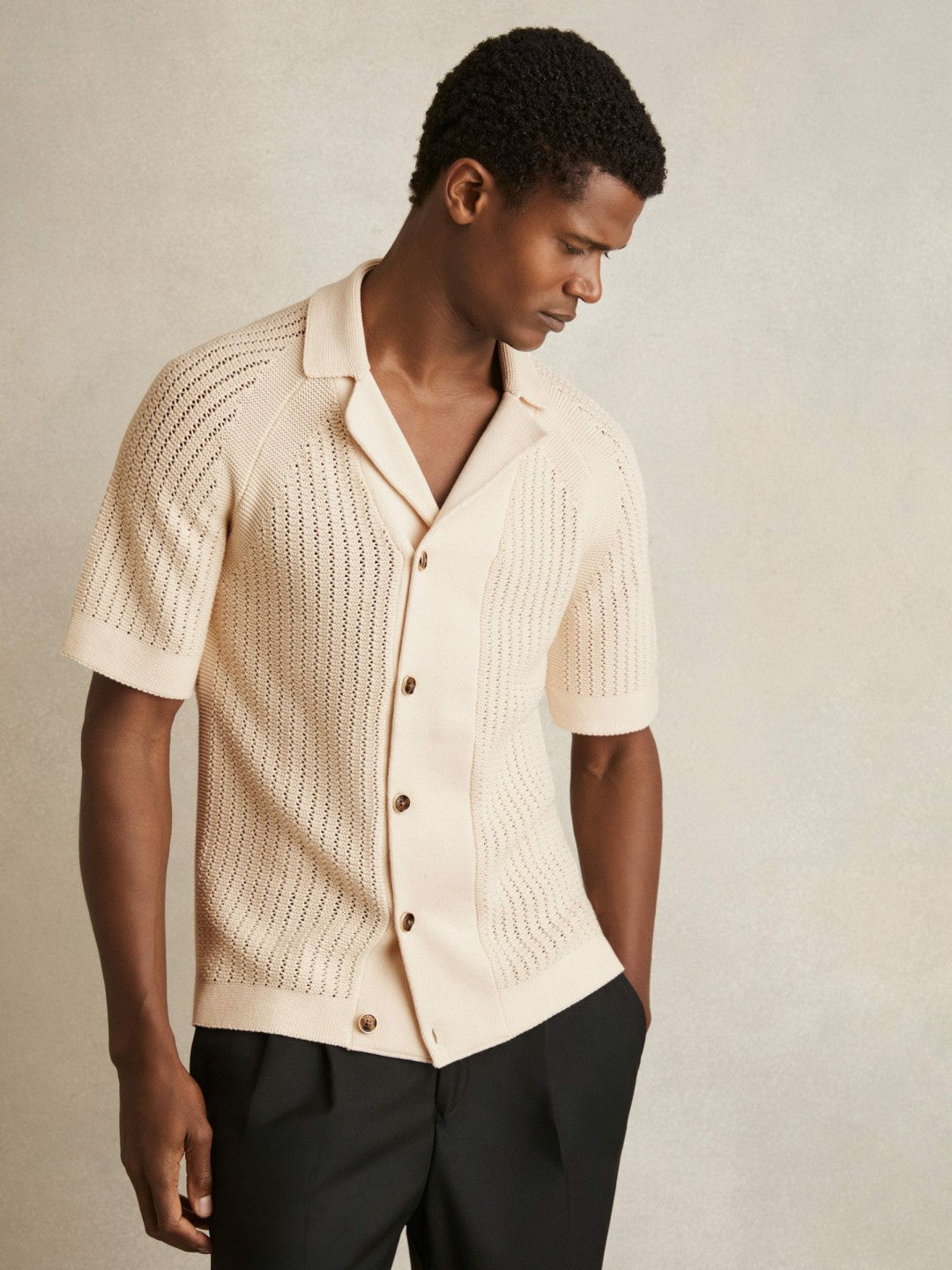 Cotton Textured-Knit Cuban-Collar Shirt in Light Stone | Reiss Men Premium
