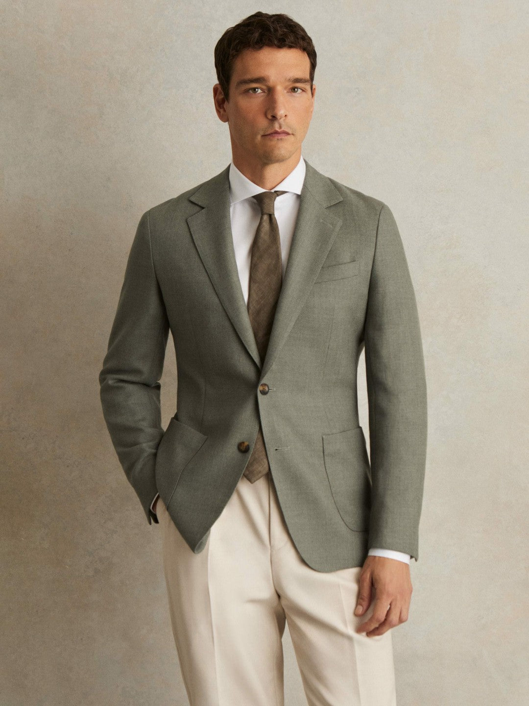 Wool-Blend Single-Breasted Blazer Slim-Fit in Sage Green | Reiss Men New