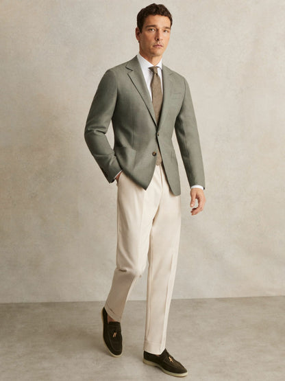 Wool-Blend Single-Breasted Blazer Slim-Fit in Sage Green | Reiss Men New