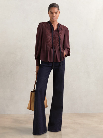 Lace-Embroidered Tie-Neck Shirt in Burgundy | Reiss Women Best Seller