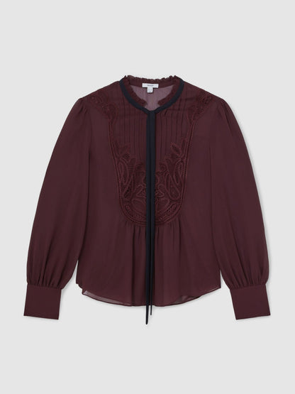 Lace-Embroidered Tie-Neck Shirt in Burgundy | Reiss Women Best Seller