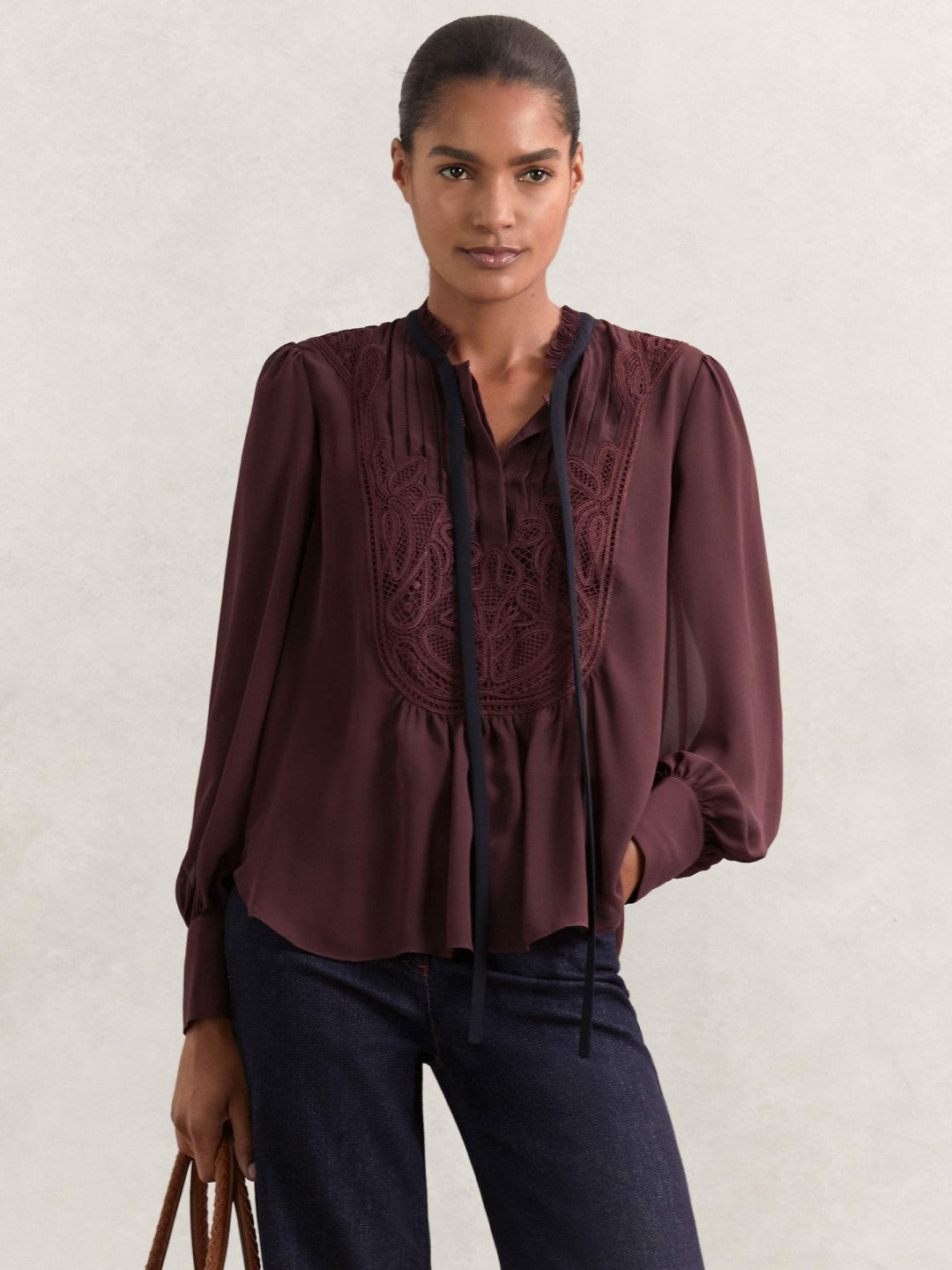 Lace-Embroidered Tie-Neck Shirt in Burgundy | Reiss Women Best Seller