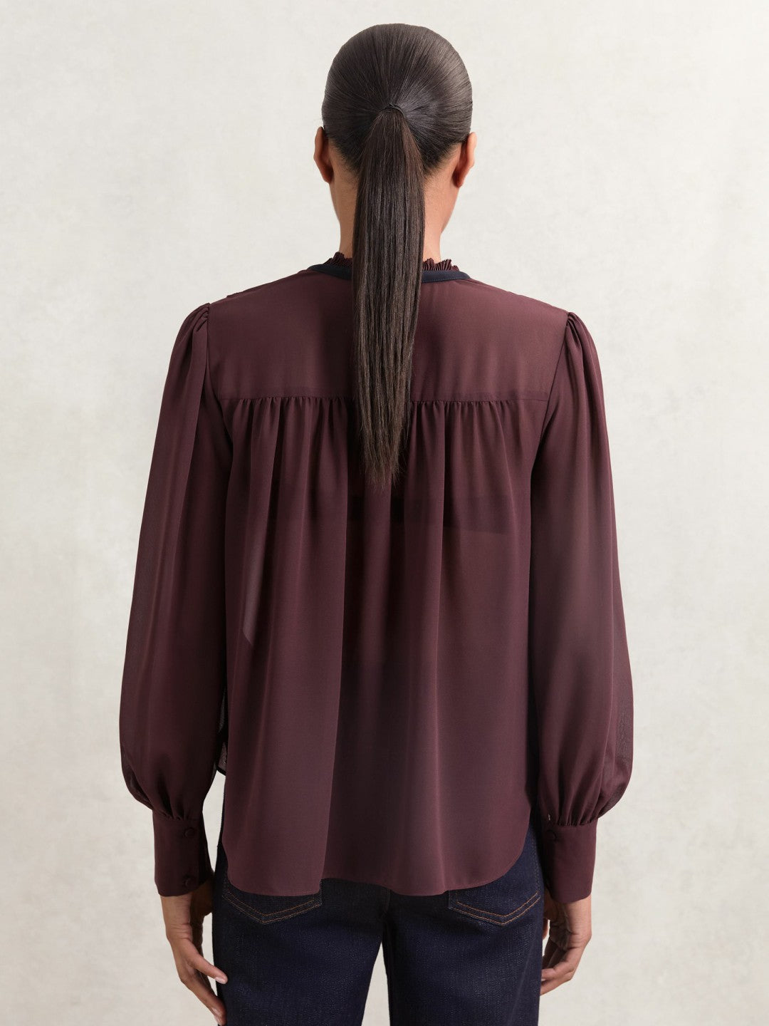 Lace-Embroidered Tie-Neck Shirt in Burgundy | Reiss Women Best Seller