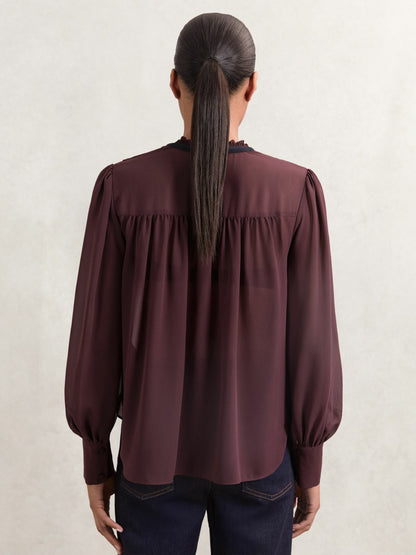 Lace-Embroidered Tie-Neck Shirt in Burgundy | Reiss Women Best Seller