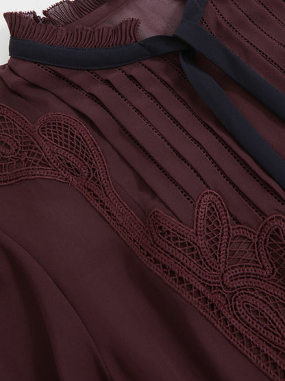 Lace-Embroidered Tie-Neck Shirt in Burgundy | Reiss Women Best Seller