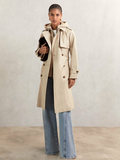 Petite Hooded Insert Trench Coat in Stone | Reiss Women Premium