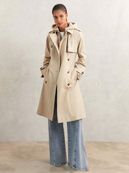 Petite Hooded Insert Trench Coat in Stone | Reiss Women Premium