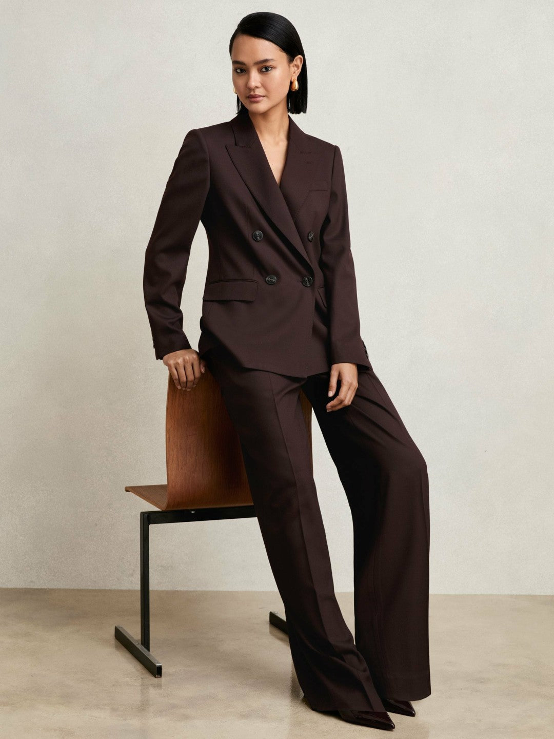 Petite Wool-Blend Wide-Leg Suit Trousers in Aubergine | Reiss Women Premium